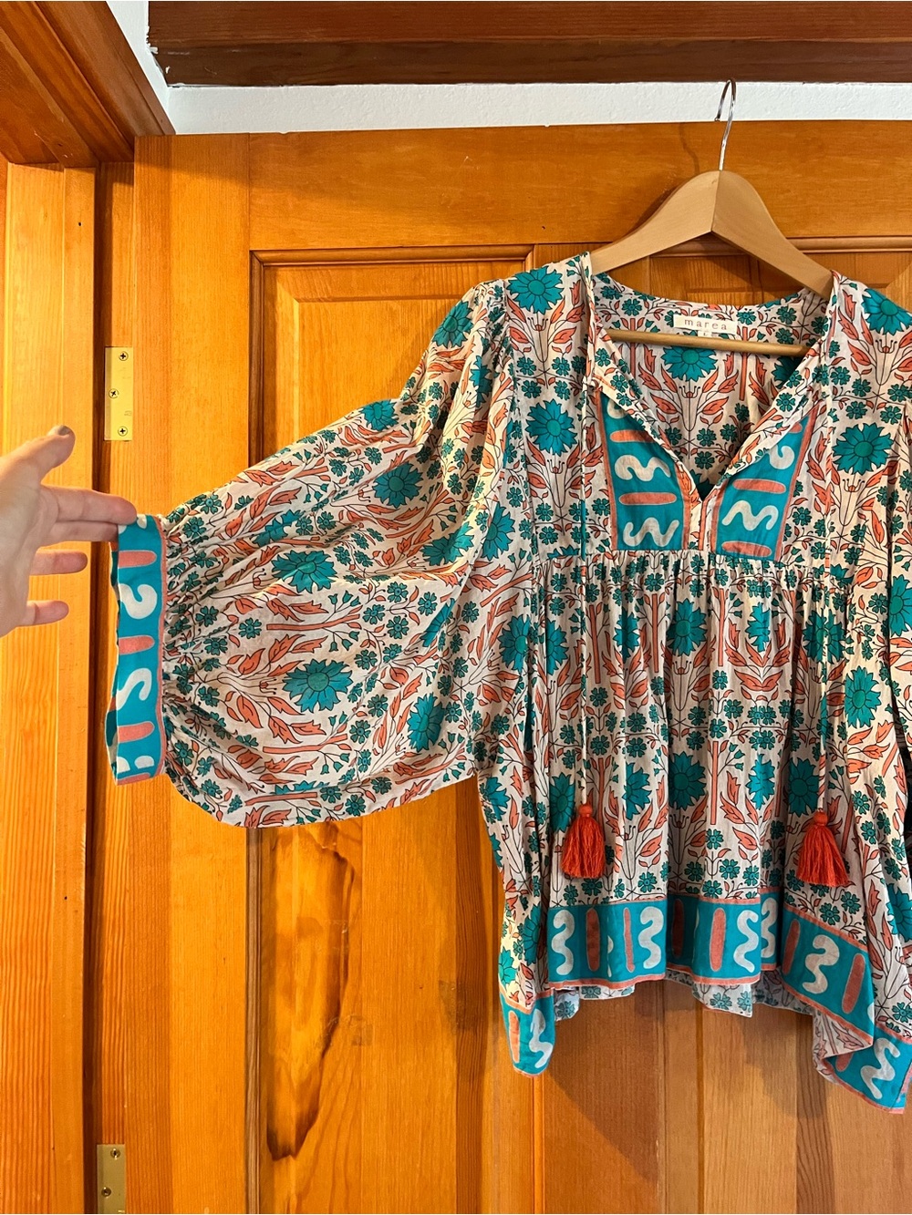 Marea 100% Cotton Boho Floral Peasant Blouse in Teal and Coral NWOT Sz L